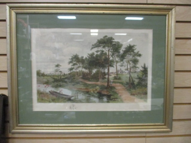 Framed and Matted Traditional European Countryside Lithograph by J.P. Forestier: 28 3/4" x 22 1/4"