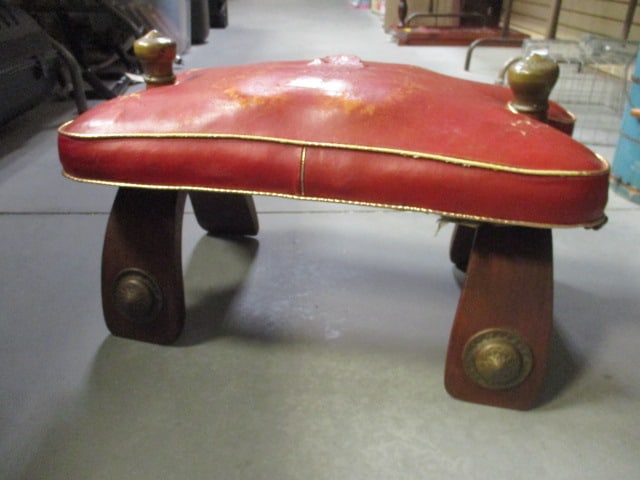 Vintage Wooden Camel Saddle with Leather Seat and Brass Accents: approx. 25" long, leather seat has some tears-see pictures and preview, Local Pickup Suggested