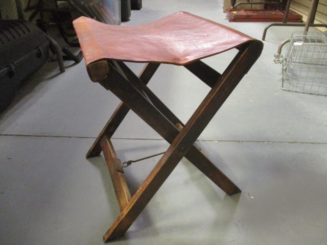 Vintage Folding Leather Seat Stool: 16" w, Local Pickup Only