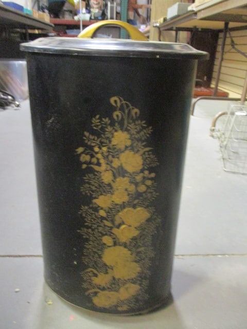 Midcentury Ransburg Handpainted Lidded Metal Trash Can: 21"h, Local Pickup Only
