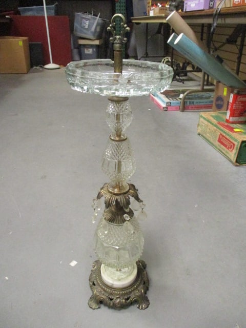 Vintage Crystal and Brass Floor Ashtray Stand with Prisms: 27"h, Local Pickup Only