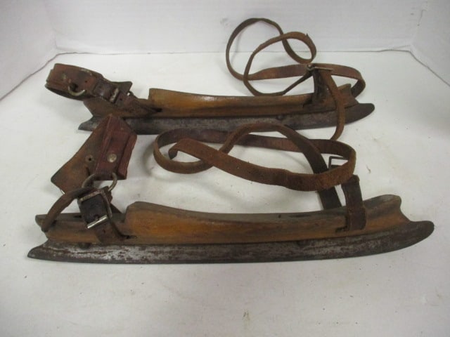 Pair of Antique Wooden Ice Skates with Single Metal Blades and Leather Straps (1 of 6)