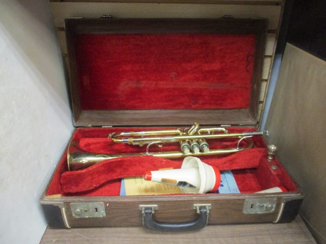 The H.N. White Co. KING Craftsman Cleveland Superior Brass Trumpet in Carry Case: Has mother of pearl buttons, mouth piece Straight mute and Cup mute, marked #133098