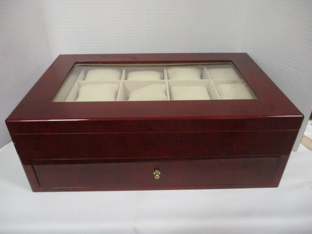 Glass Top Watch and Jewelry Box with Drawer: 19" x 12" x 6 3/4"