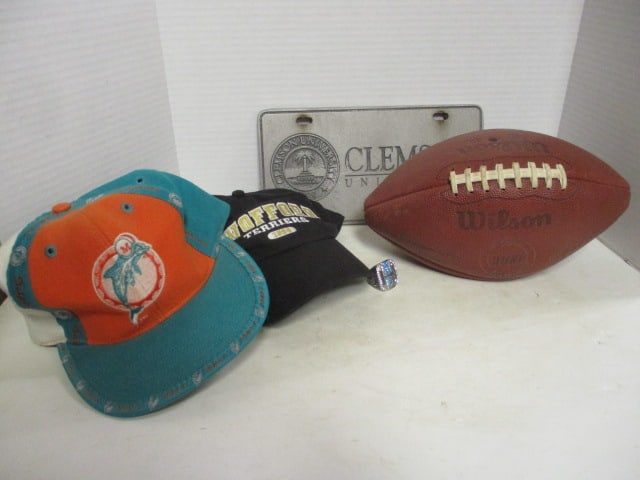 Wilson "The Duke" Football, Miami Dolphins Snap-Back Hat, Wofford Terriers: Snap-Back Hat and 2004 Tampa Bay Lightening Stanley Cup Fan Collector's Ring