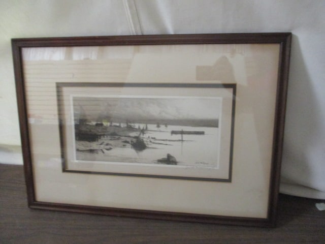 Signed Vintage Framed and Matted Beached Sailboat Landscape Print of Etching: 20 1/4" x 14", signed in pencil Jw H. Millsphaugh, original etching was dated 1885, see pictures to make own determination of signature