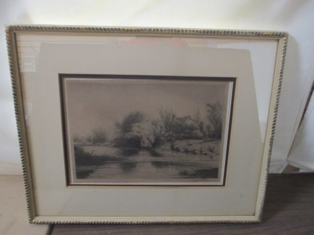 Signed Vintage Framed and Matted Country Side Landscape Print of Etching: 20 3/4" x 16 1/2", signed in pencil Jw H. Millsphaugh, original dated 1884, see pictures to make own determination of signature