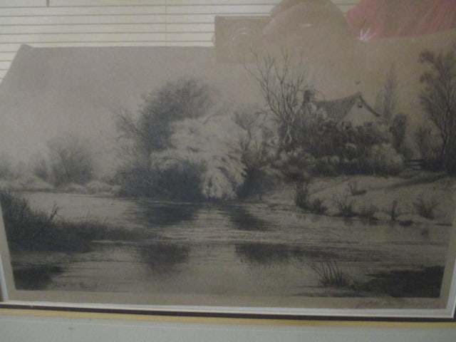 Signed Vintage Framed and Matted Country Side Landscape Print of Etching - 2