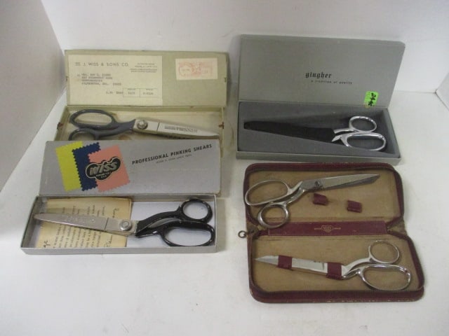 Ginger and Wiss Pinking Shears and Scissors: Wiss Model B Professional Extra Wide Tooth Pinking Shears, Pair of Wiss 7" and No. 4127 Scissors in Leather Zip-Up Case and Pair of Gingher G-8 Knife Edge Shears with Plastic Sheath in Original box