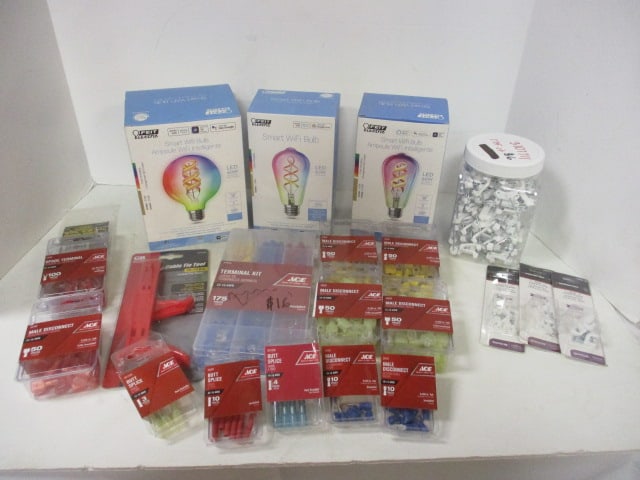 New Old Stock Feit Electric Smart WiFi Light Bulbs and Coax Cable Clips, Splicers, Terminal Kit, ...: See pictures and preview for selection and quantities