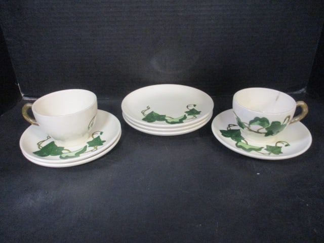 Vintage Metlox Poppytrail "Ivy" Teacups, Saucers and Bread Plates: One cup has tight hairline crack