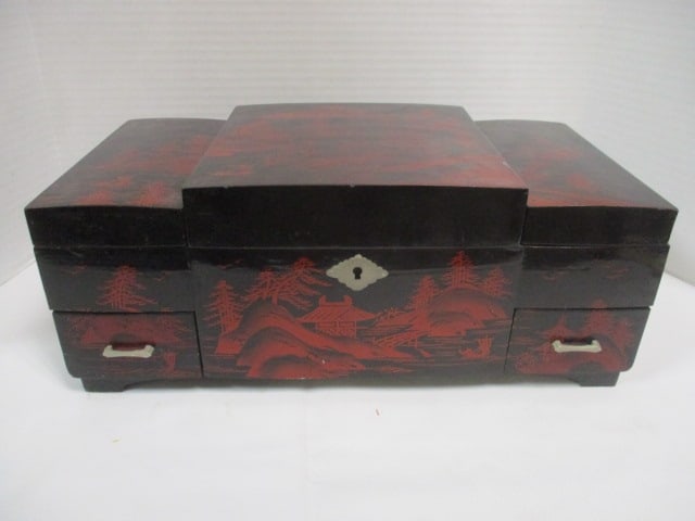 Vintage Chinese Black Lacquer Tiered Musical Jewelry Box: 14 1/2" x 7 1/2" x 6", winds and plays