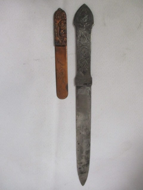 Vintage Hand Forged Etched Pewter Letter Opener and Copper Geisha in Relief Bookmark: Letter opener 9 1/2" long, bookmark 4 1/4" long