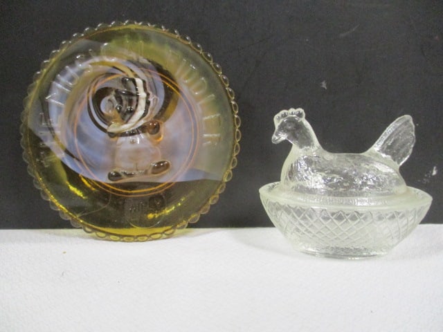 Amber Slag Glass "Willy The Musical Fiddler" in Relief Dish and Miniature Clear Glass: Hen on Nest. Per consigner note "Willy" is Mosser Glass Co.-3 1/2"dia, Hen 2"h
