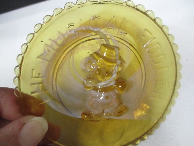 Amber Slag Glass "Willy The Musical Fiddler" in Relief Dish and Miniature Clear Glass - 2