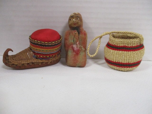 Miniature Native American Indian Woven Basket, Chalkware Papoose Baby and (1 of 13)