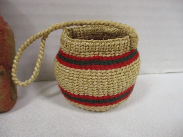 Miniature Native American Indian Woven Basket, Chalkware Papoose Baby and - 2