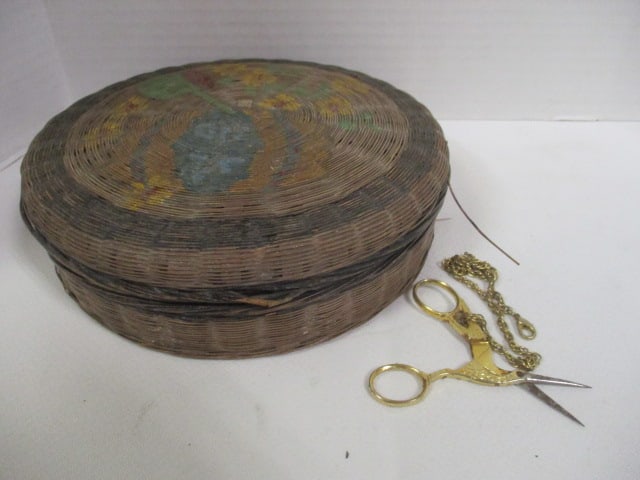 Vintage Woven Sewing Basket and Pair of Gold Tone Crane Embroidery Scissors: basket has a few loose strands