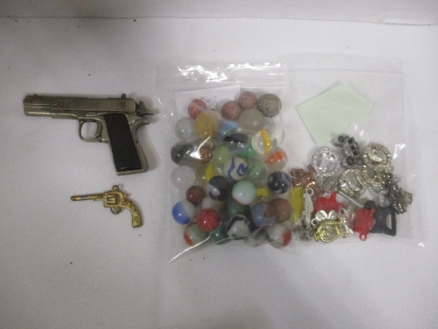 Grouping of Old Glass and Clay Marbles, Old Cracker Jack Toy Prizes, (1 of 14)