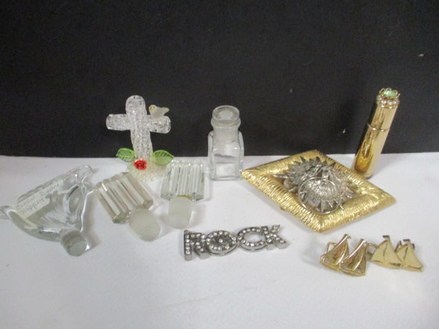 Crystal Perfume Bottle Stoppers, Lion Head Belt Buckle, Art Glass Cross Figurine,: Sailboat Belt Clips and Decorative Gold Tone Roll-On Perfume Case. Stoppers have some flea bites