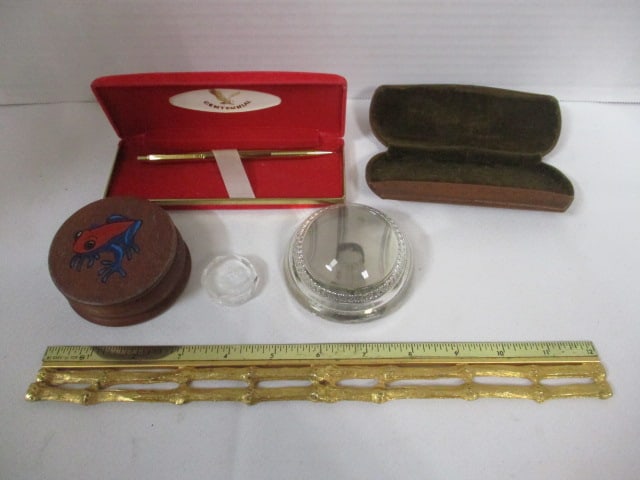 Vintage Gold Tone Bamboo Look Ruler, Centennial Ball Point Pen, Paperweights, (1 of 8)