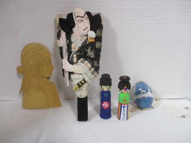 Japanese Fabric Warrior Paddle Fan, Hand Carved Woman Silhouette Plaque, (1 of 15)