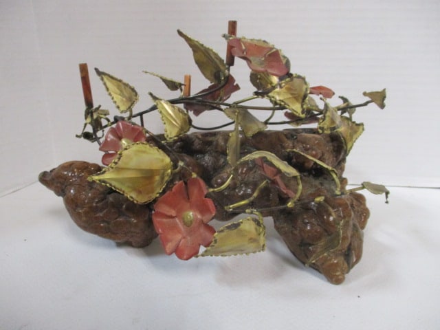 Midcentury Artisan Copper and Brass Flower Arrangement in Burlwood Knot (1 of 7)