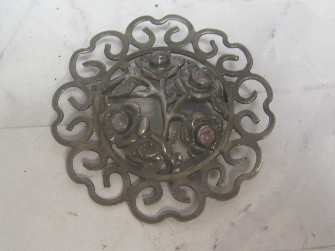 Antique Mexican Silver Brooch with Amethyst Stones: .