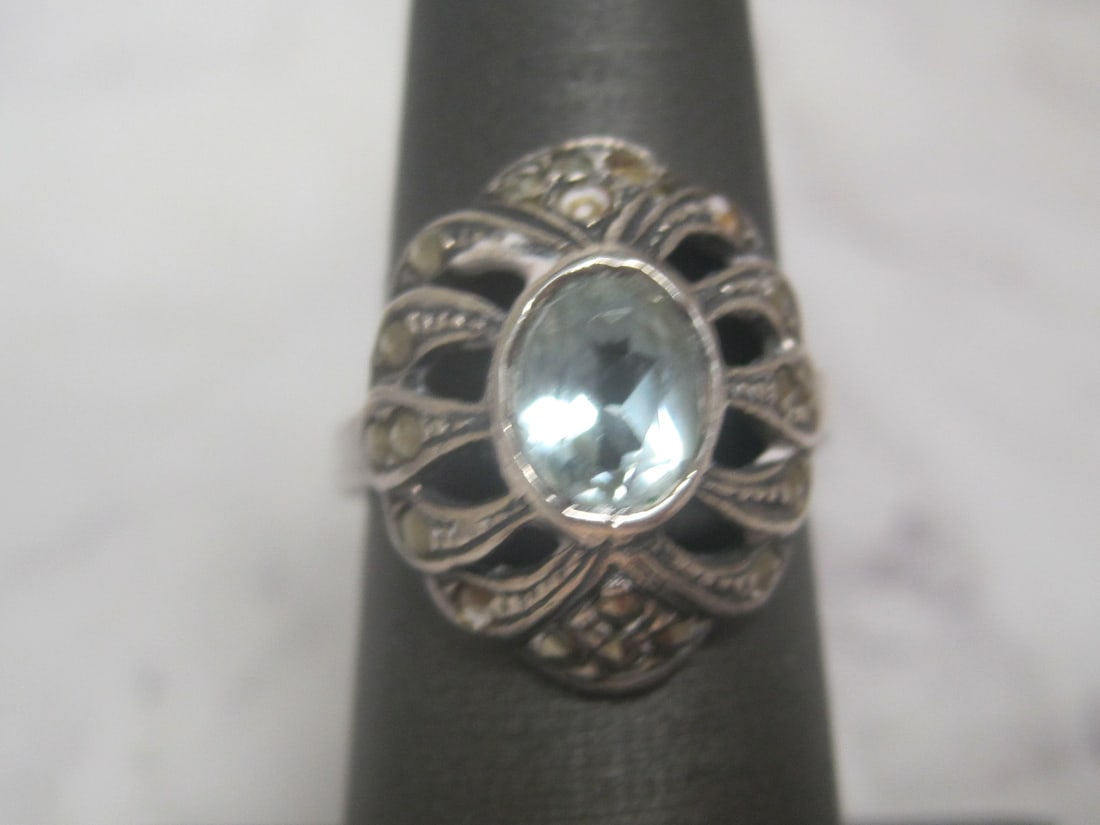 Sterling Silver Aquamarine & Marcasite Ring (1 of 4)