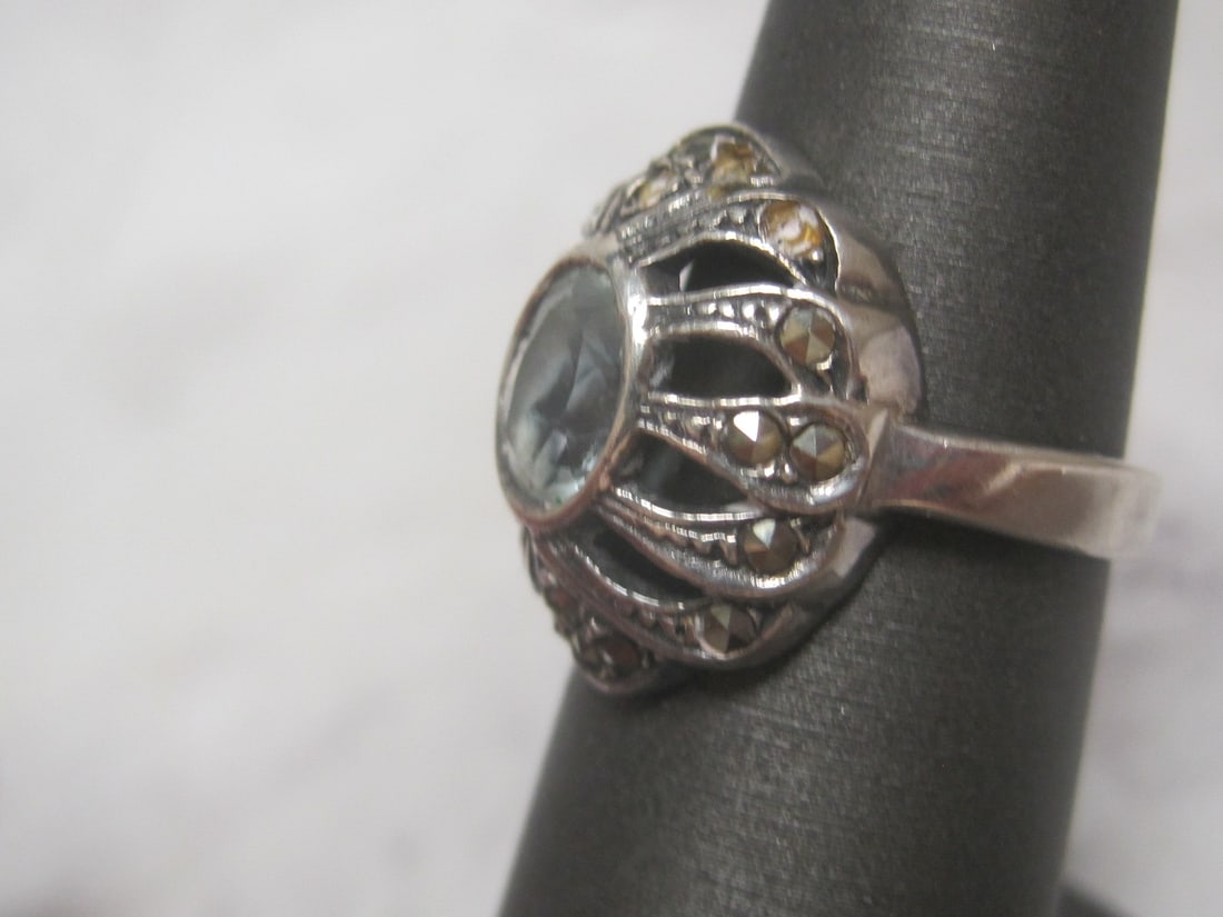Sterling Silver Aquamarine & Marcasite Ring - 2