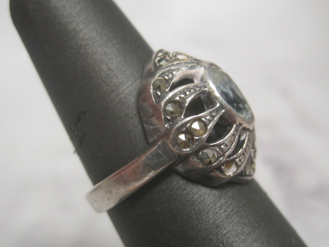Sterling Silver Aquamarine & Marcasite Ring - 3