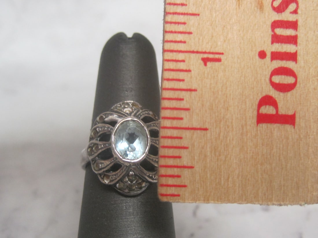 Sterling Silver Aquamarine & Marcasite Ring - 4