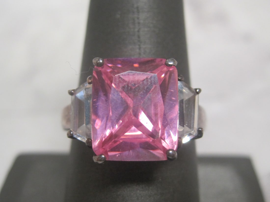 Sterling Silver Ring with Pink & CZ Stones: Weighs 6.6 grams, Size 9