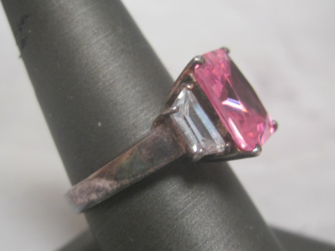 Sterling Silver Ring with Pink & CZ Stones - 3