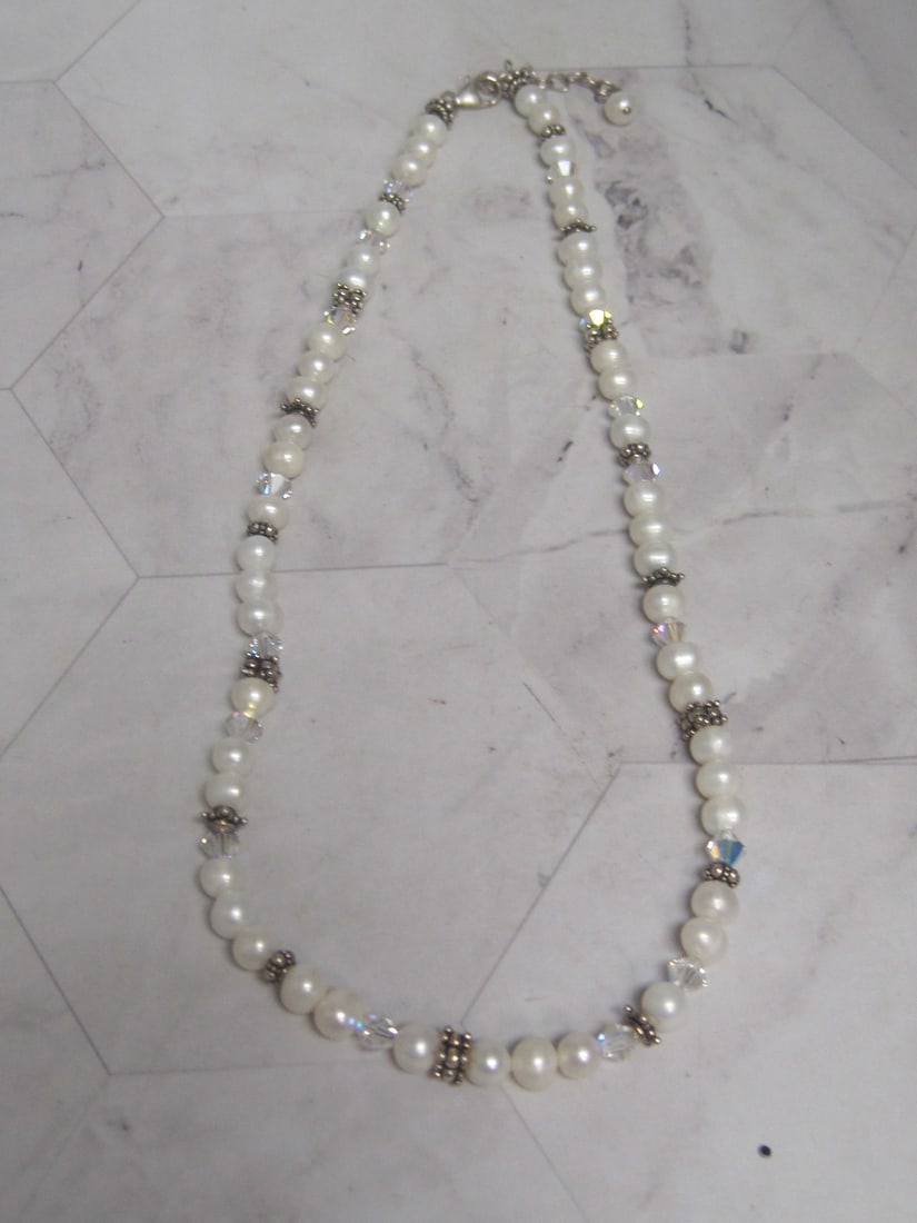 Faux Pearl & Crystal Necklace with Sterling Silver Clasp: .