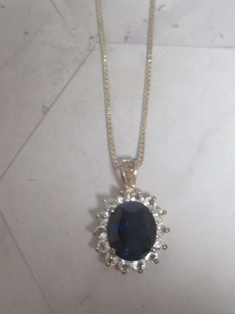18" Sterling Silver Chain with Sterling Silver Pendant with Blue & CZ Stones (1 of 5)