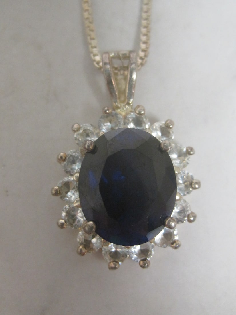 18" Sterling Silver Chain with Sterling Silver Pendant with Blue & CZ Stones - 2