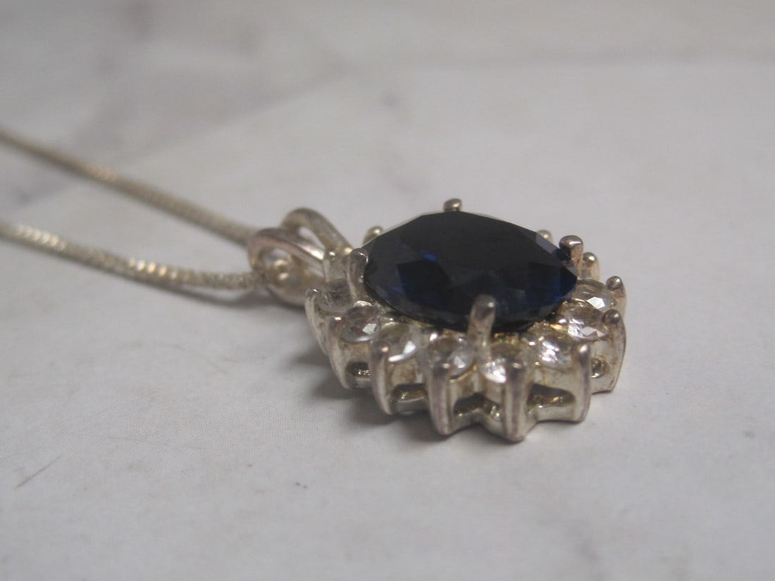 18" Sterling Silver Chain with Sterling Silver Pendant with Blue & CZ Stones - 3
