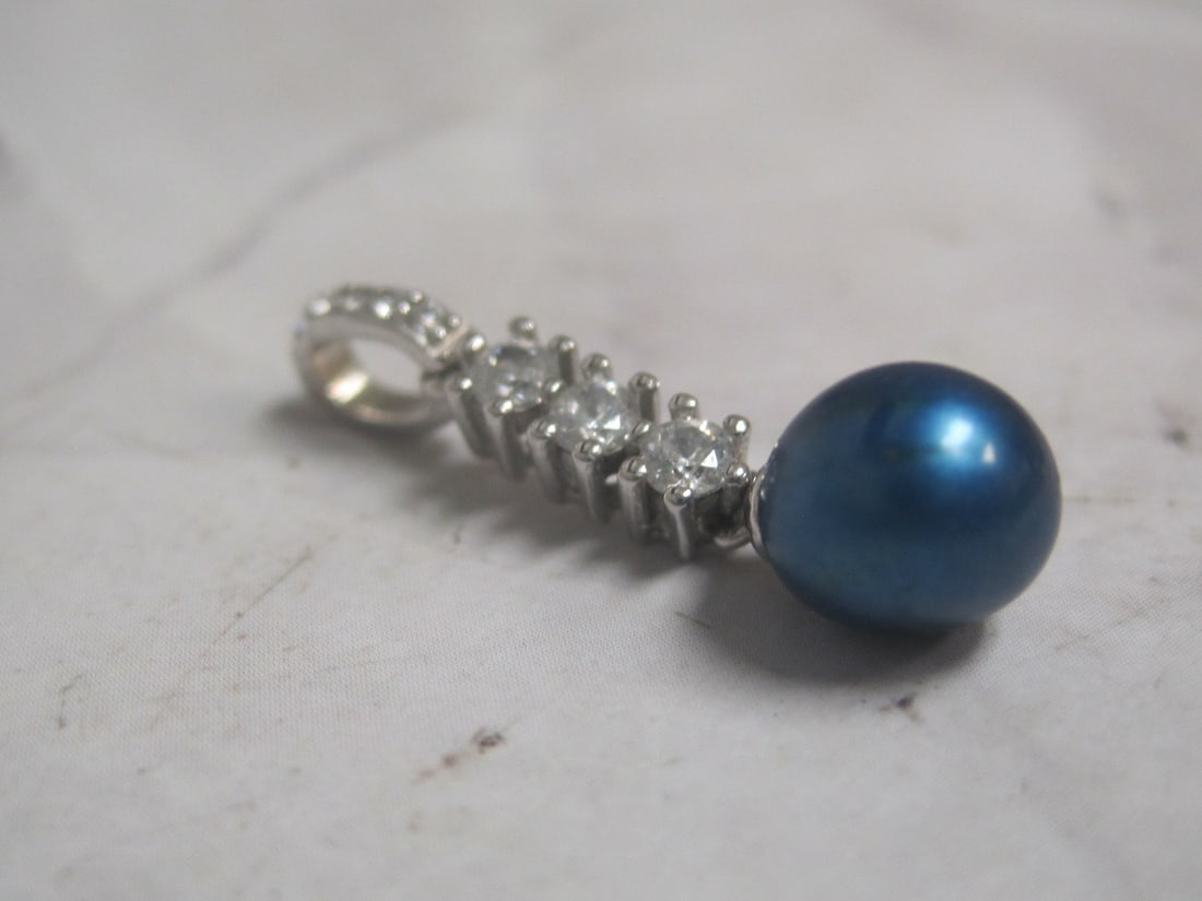 Sterling Silver CZ & Blue Pearl Slide - 2