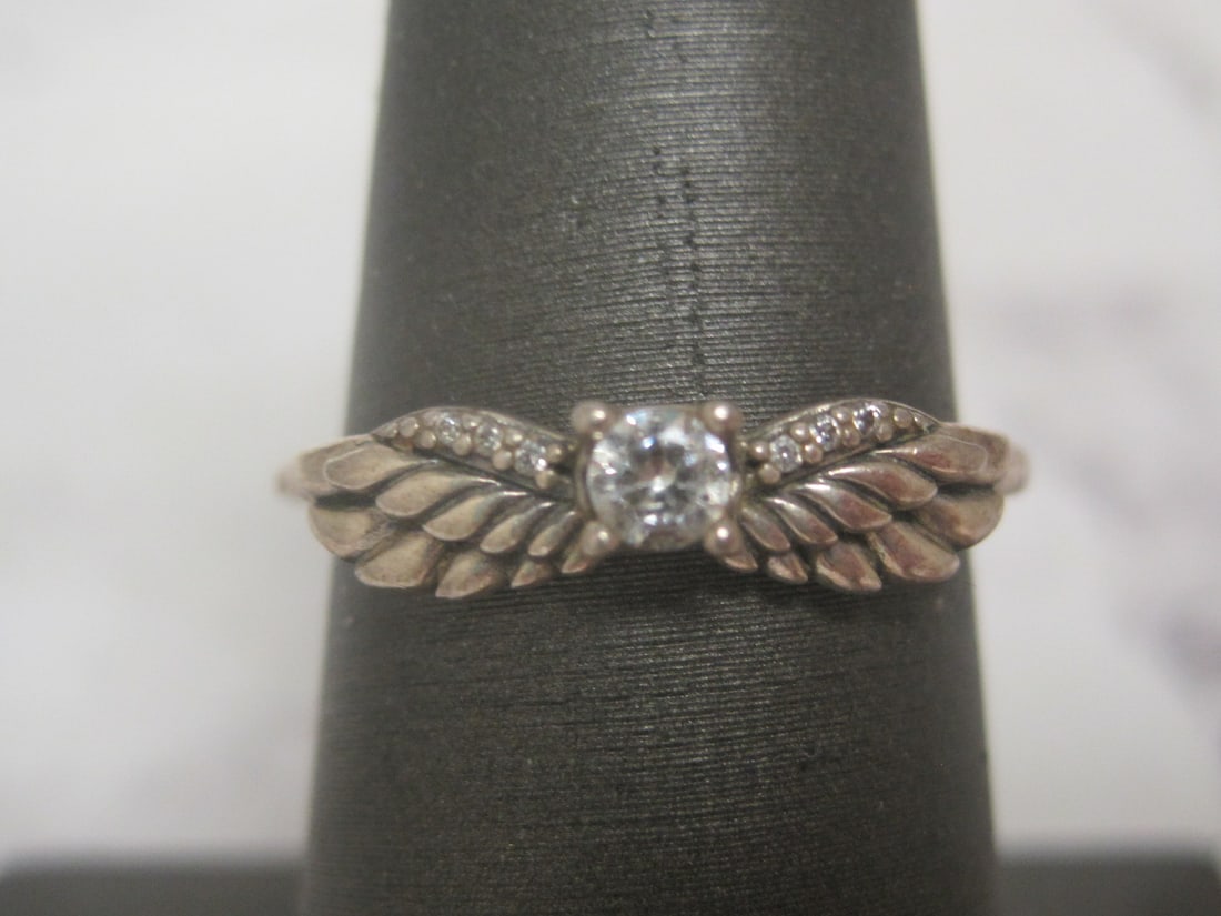 Sterling Silver Angel Wings Ring with CZ Stone: Weighs 2 grams, Size 7