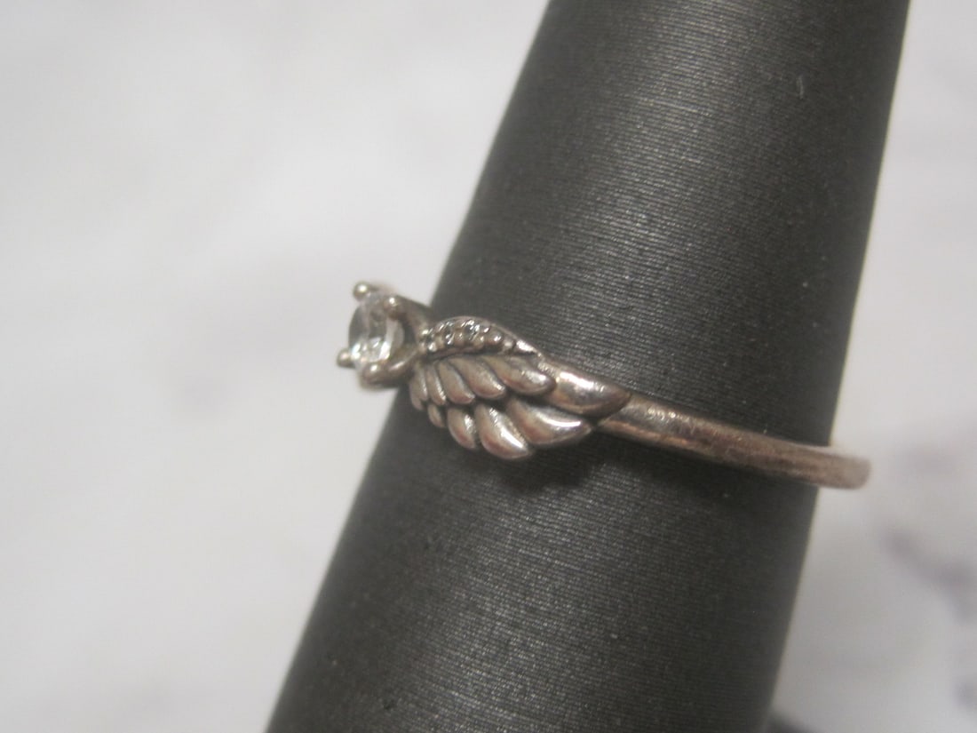 Sterling Silver Angel Wings Ring with CZ Stone - 2