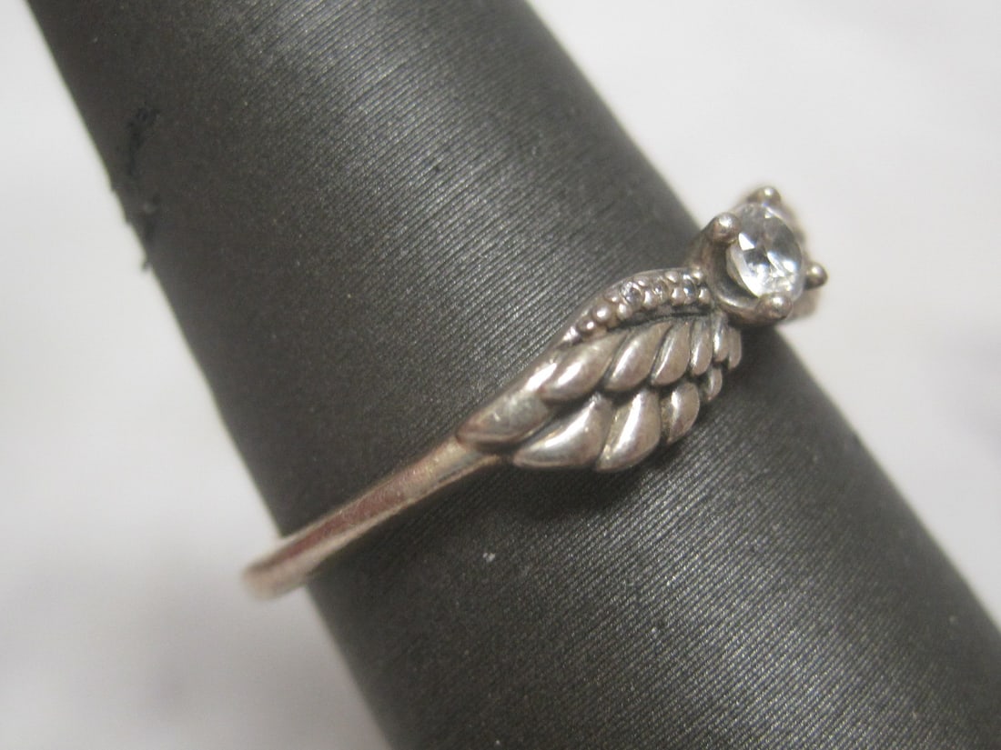 Sterling Silver Angel Wings Ring with CZ Stone - 3
