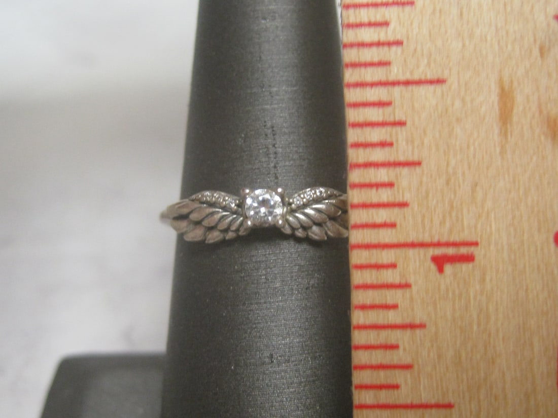Sterling Silver Angel Wings Ring with CZ Stone - 4