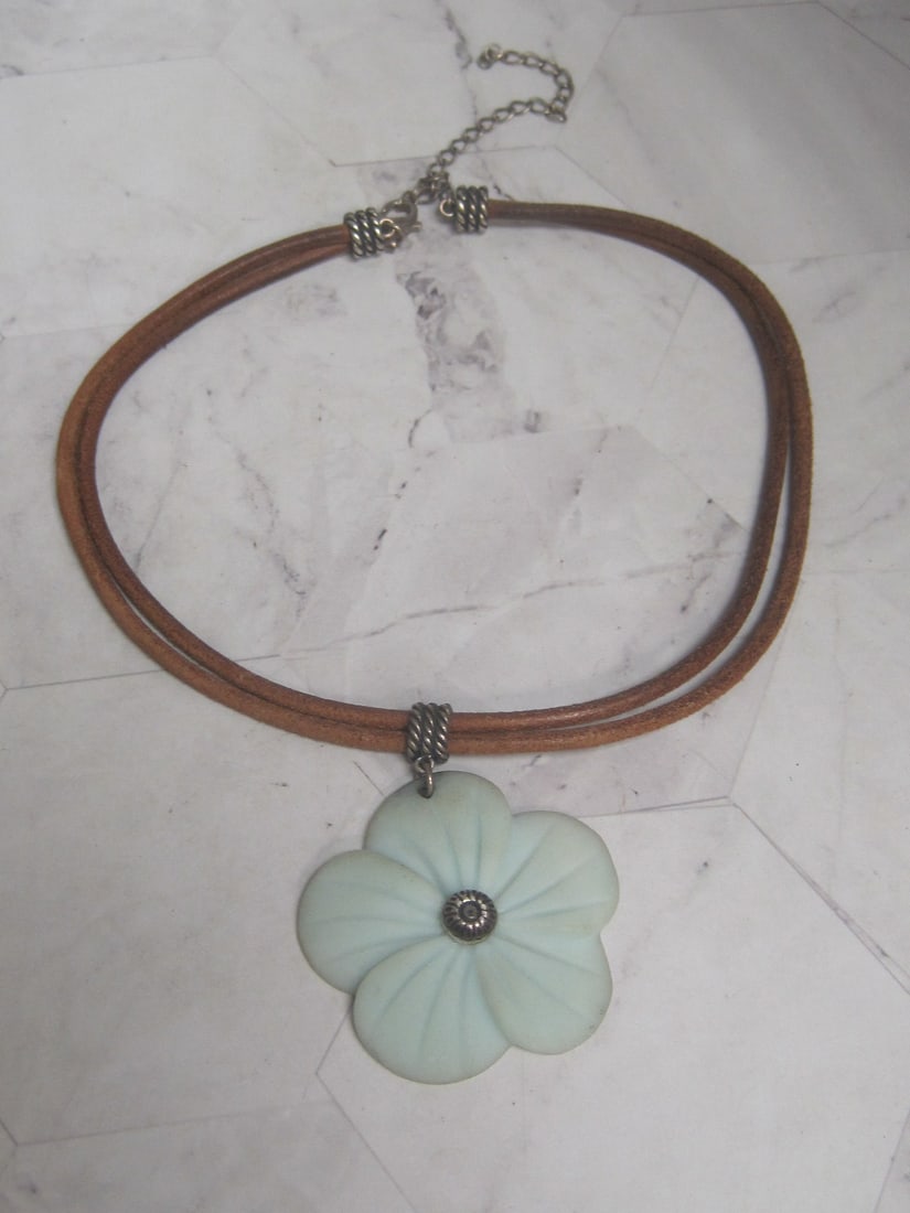 Double Strand Leather Necklace with Green Porcelain Flower Pendant: With sterling silver clasp