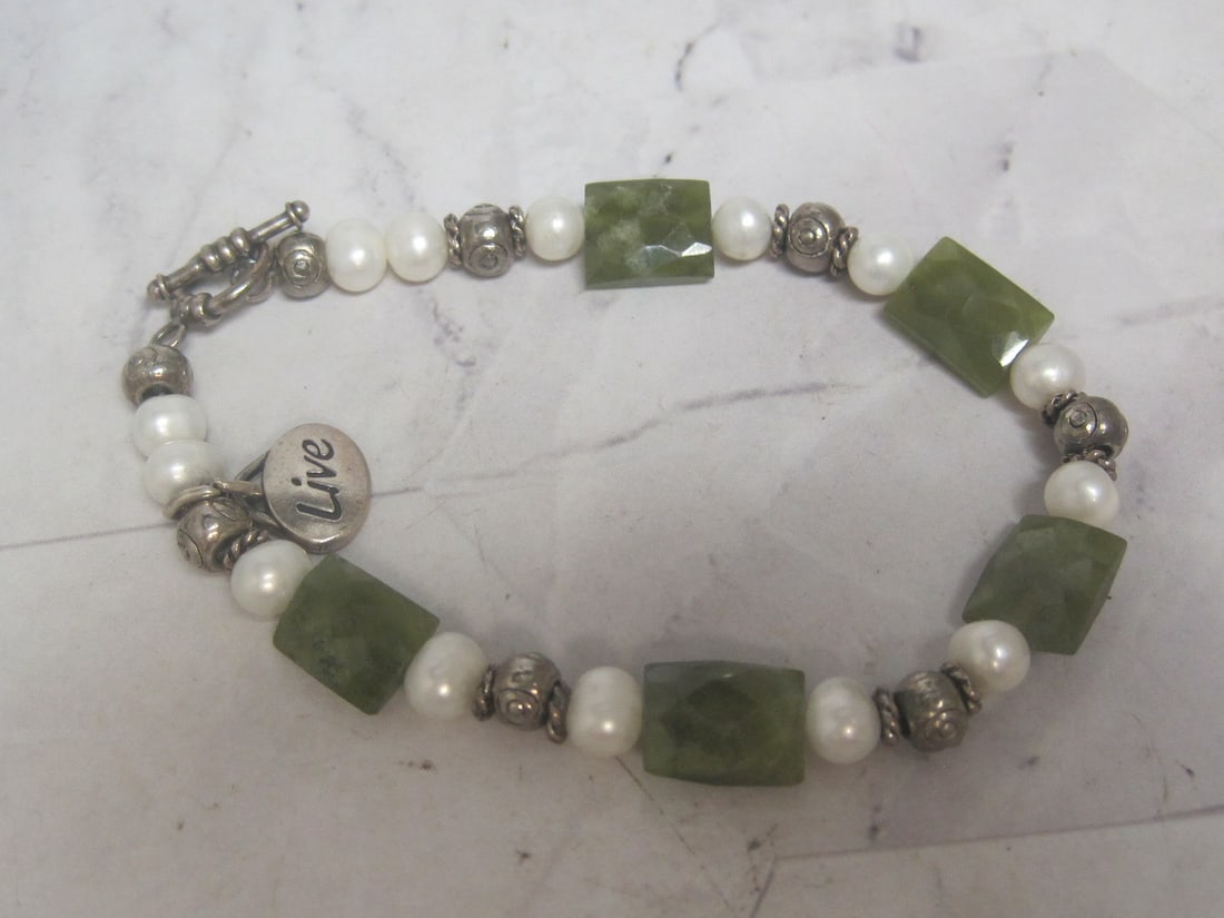 7" Sterling Silver Bracelet with Pearls & Green Stones: .