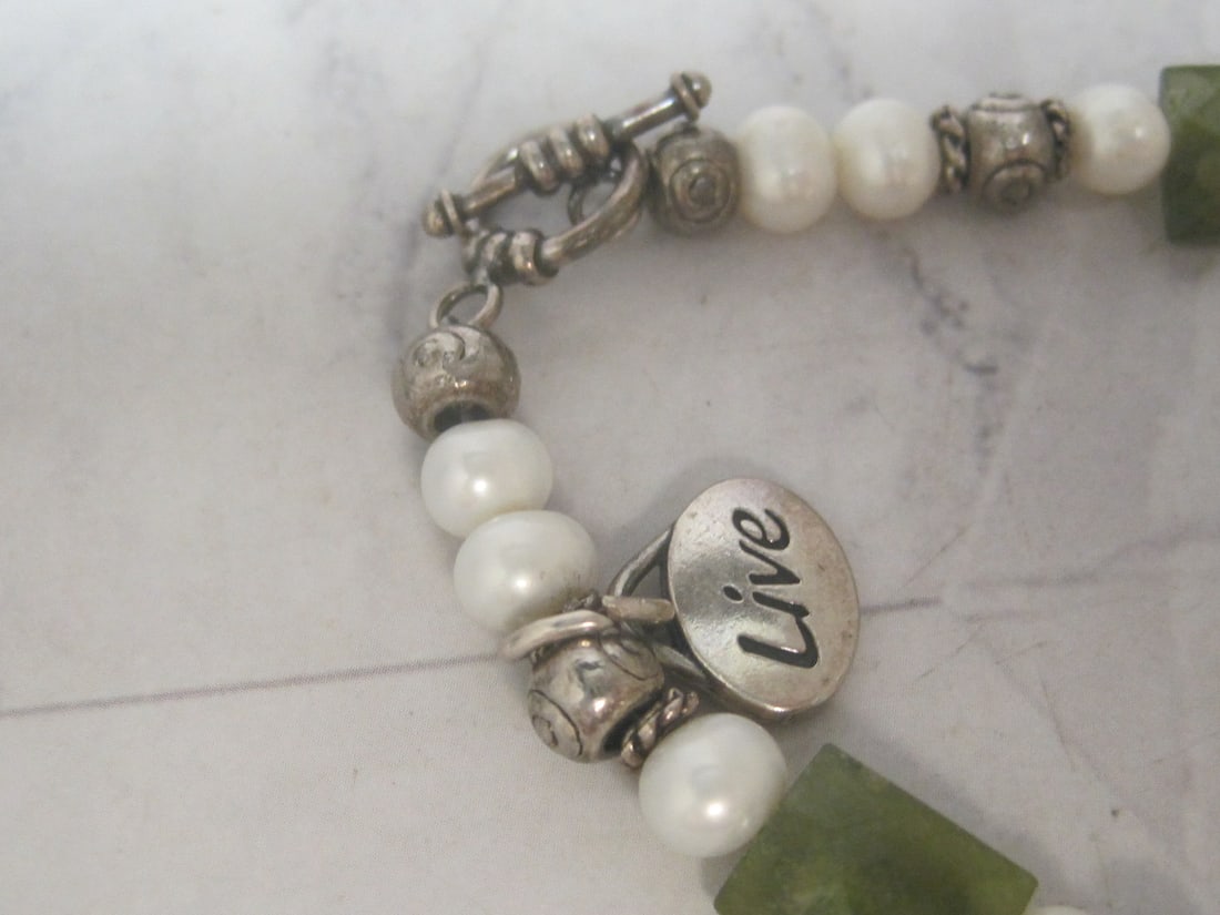 7" Sterling Silver Bracelet with Pearls & Green Stones - 2
