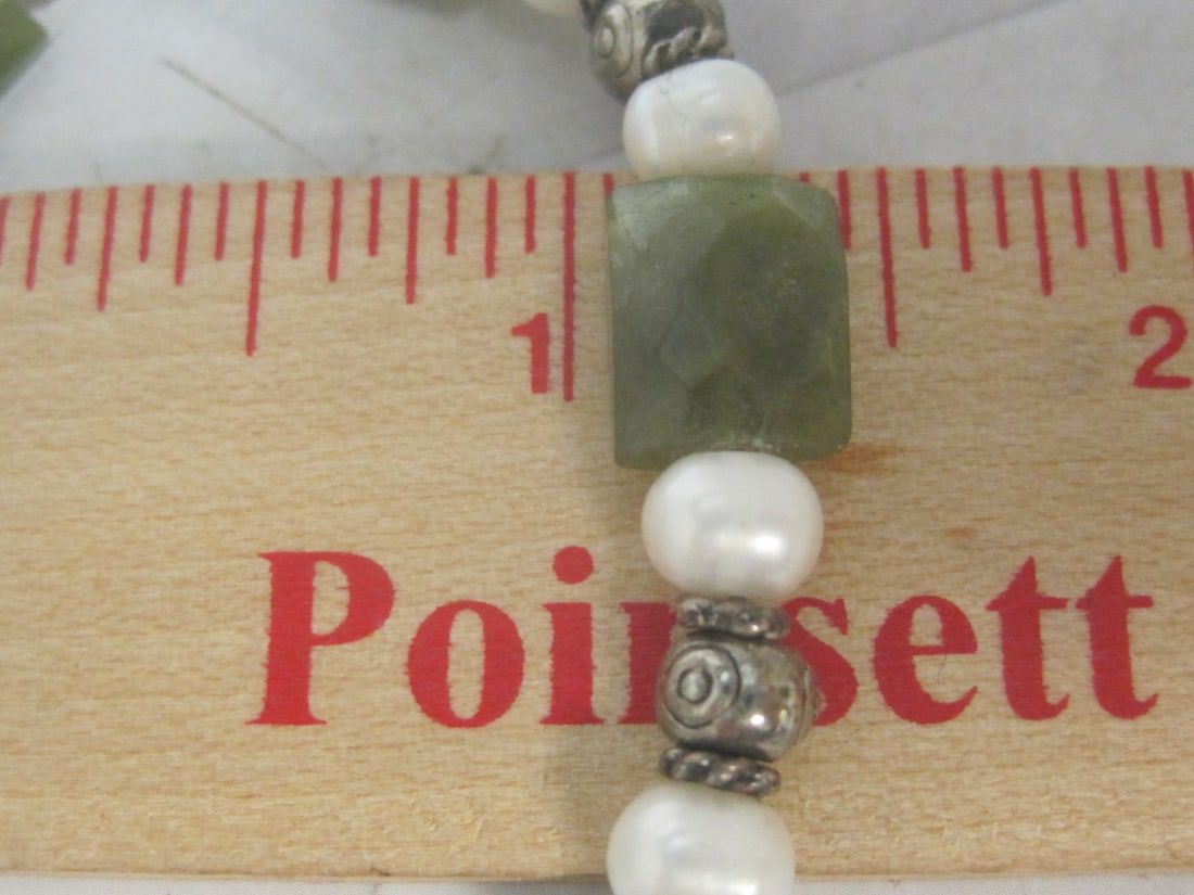 7" Sterling Silver Bracelet with Pearls & Green Stones - 4