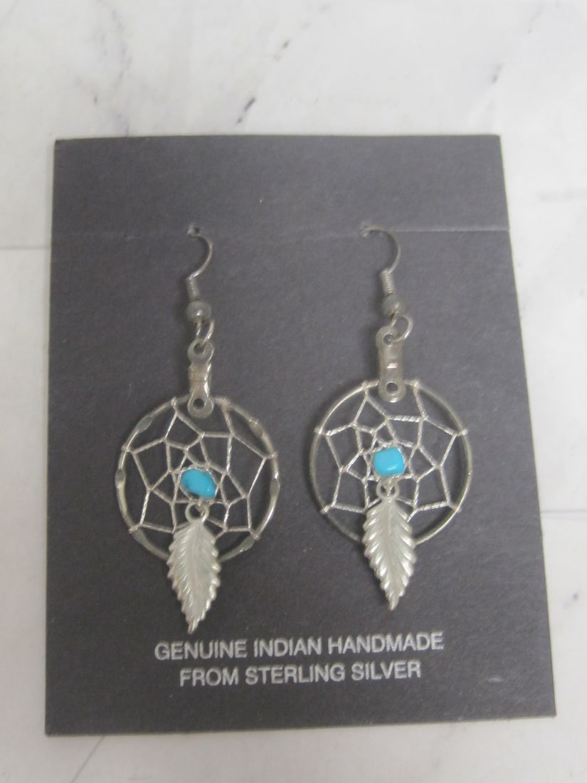 Genuine Indian Handmade Sterling Silver Dream Catcher Earrings: .
