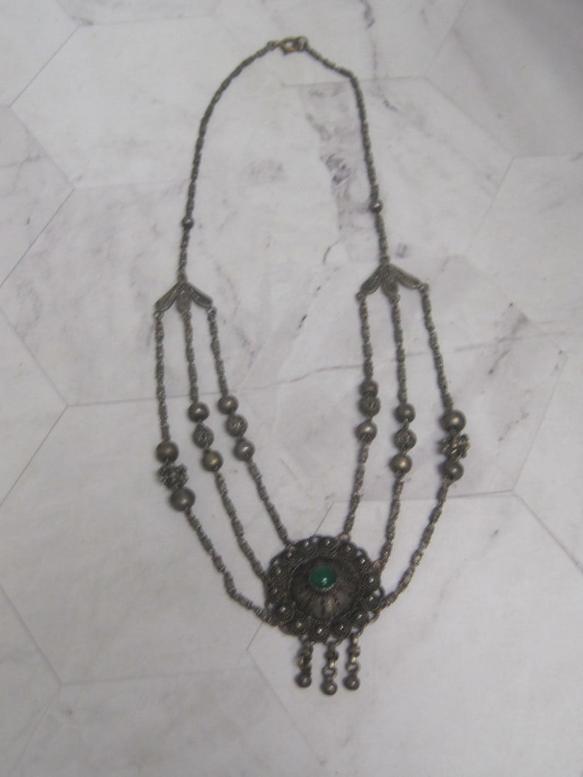 16" Vintage Bohemian Style Necklace with Green Stone: .
