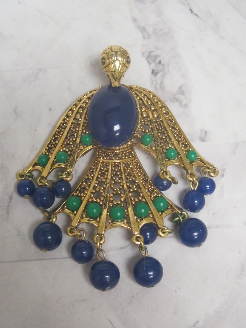 Vintage Goldtone Phoenix Pendant with Blue & Green Beads: .